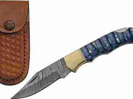 SZCO RITE EDGE 3" BLUE GROOVED - WOOD DAMASCUS LOCKBACK W/SHTH